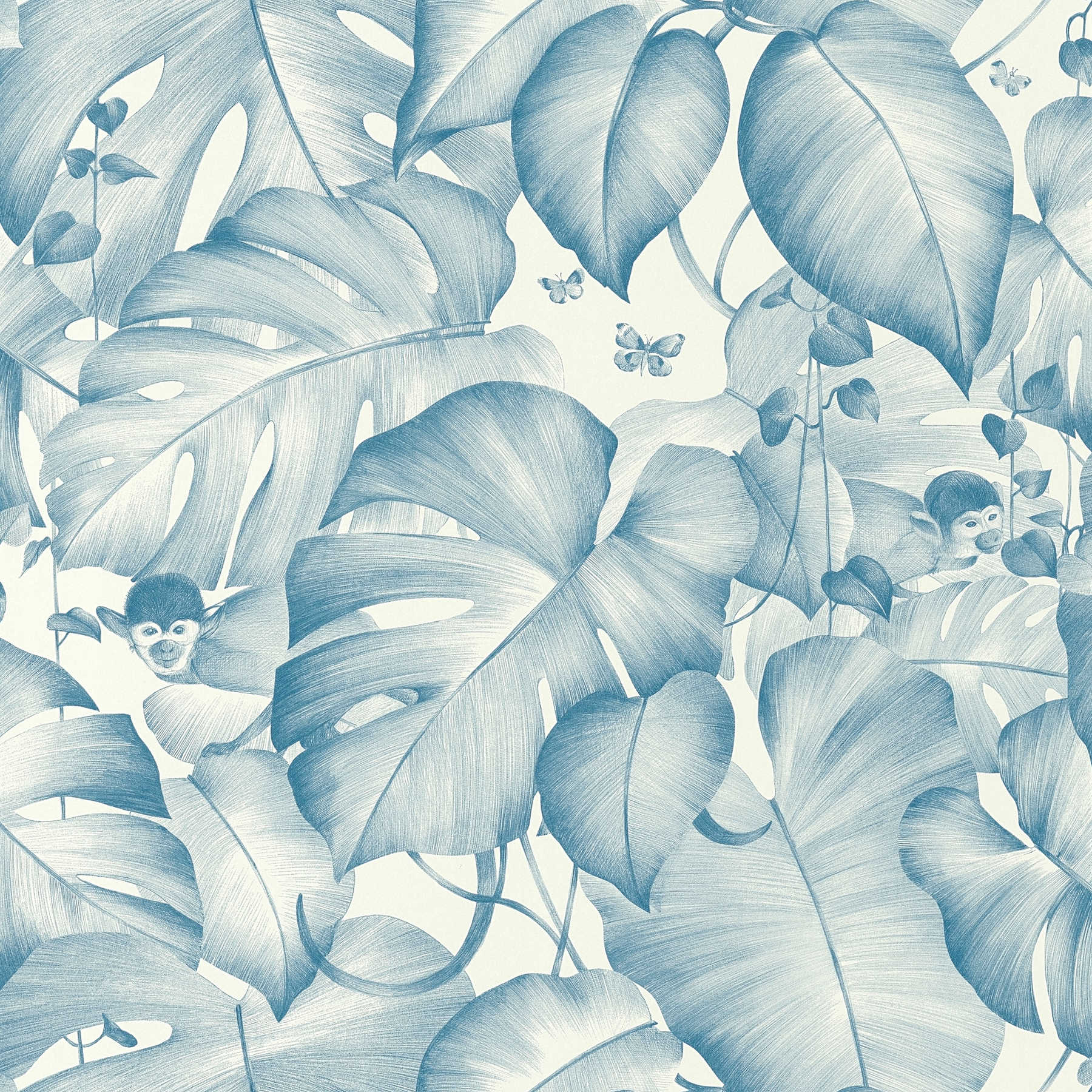        Dschungel Tapete Blättern & Äffchen – Blau, Weiß
    