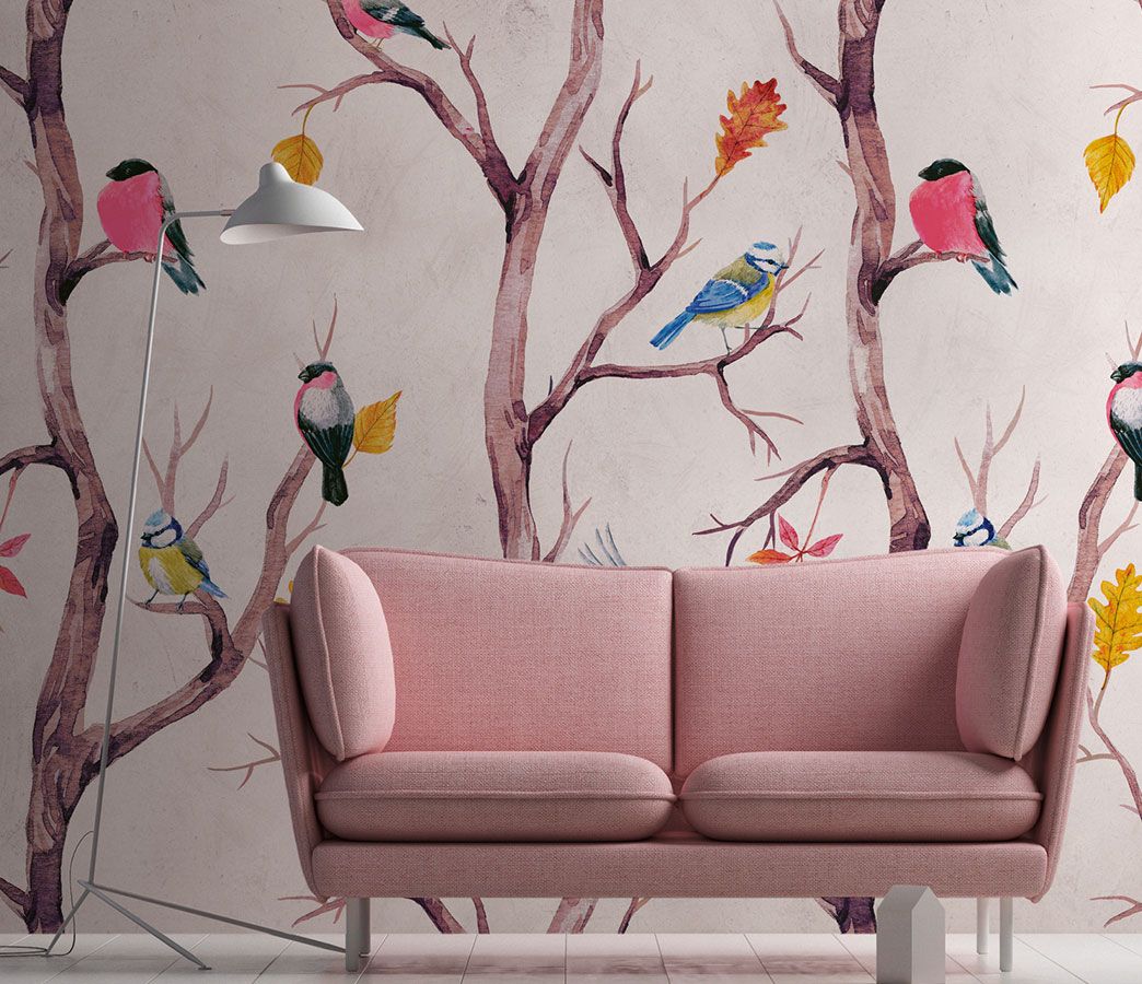Rosa Tapete mit Bäumen und Singvögeln für Kinderzimmer AS382301