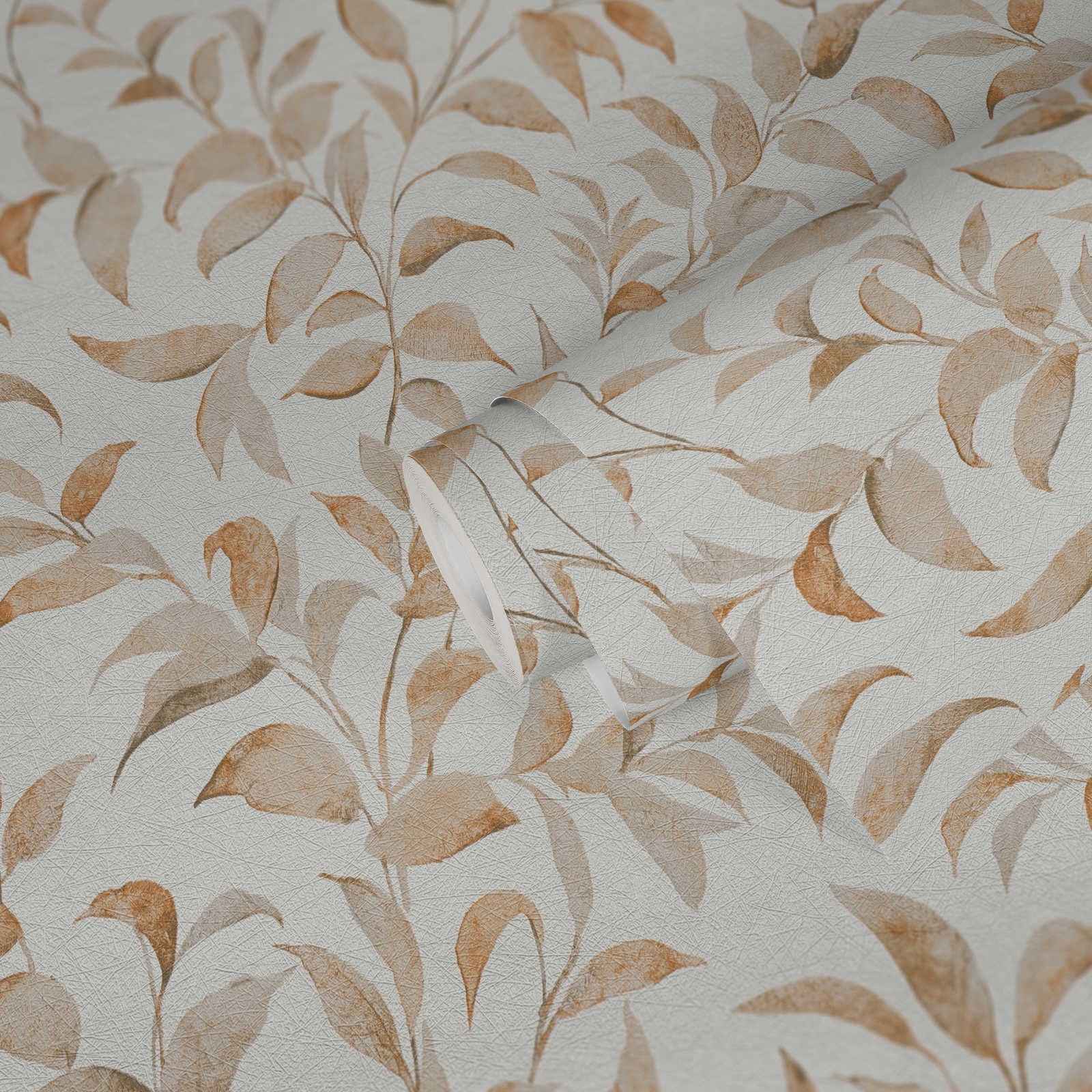             Blätter-Tapete floral schimmernd strukturiert – Weiß, orange
        