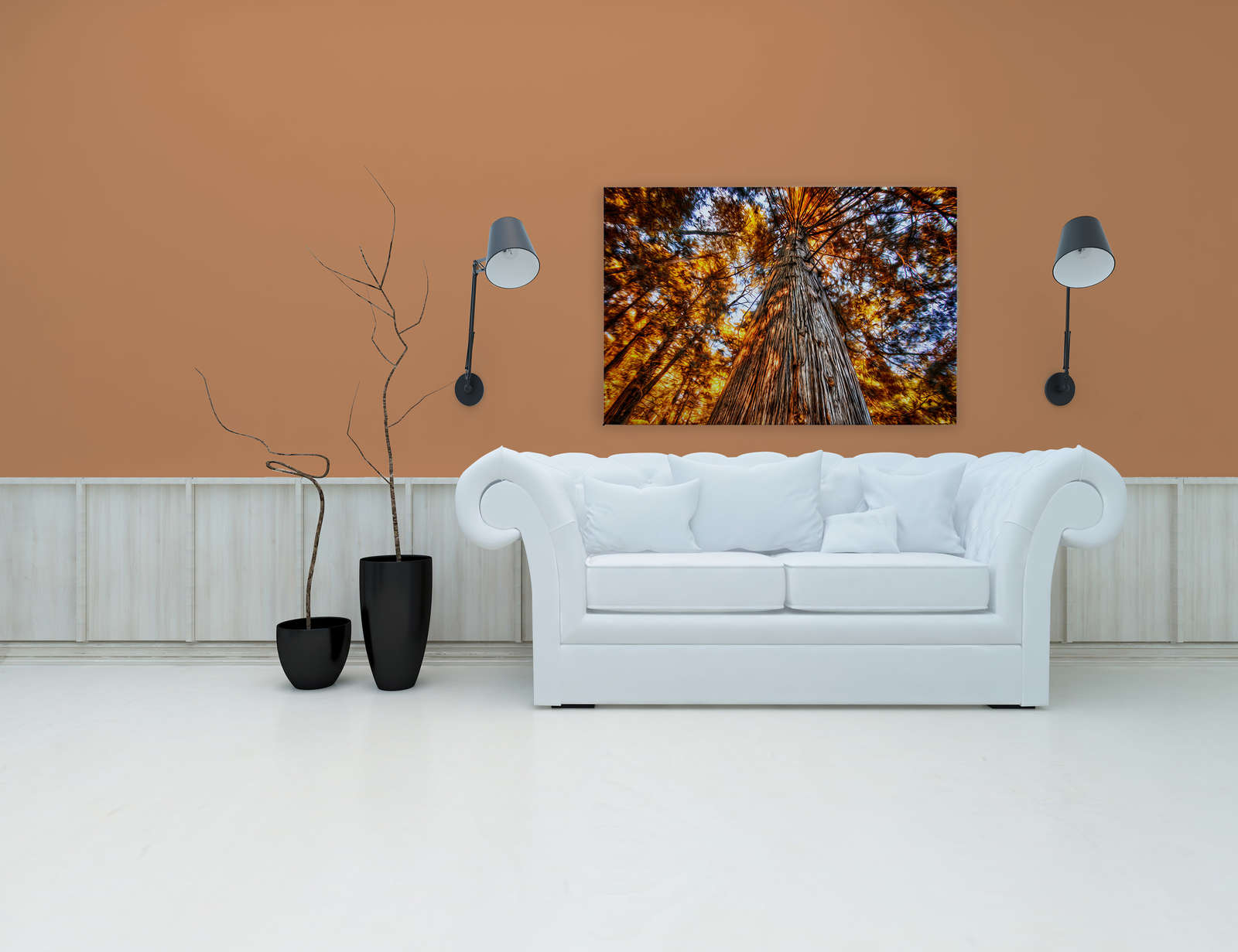             Leinwandbild Blick in die Baumkrone in glühenden Farben – 1,20 m x 0,80 m
        