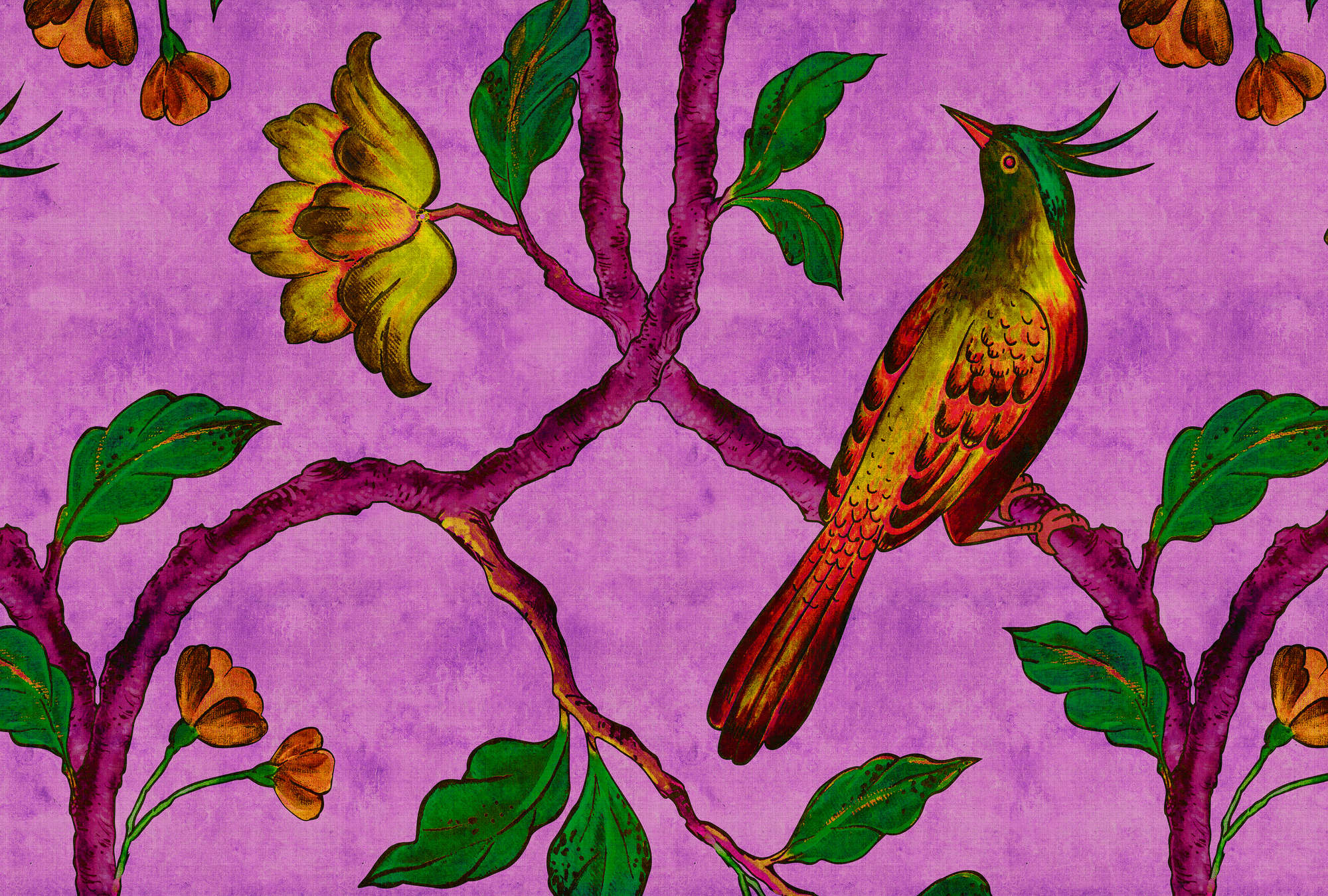             Bird Of Paradis 2 - Digitaldrucktapete Paradiesvogel in naturleinen Struktur – Gelb, Grün | Mattes Glattvlies
        