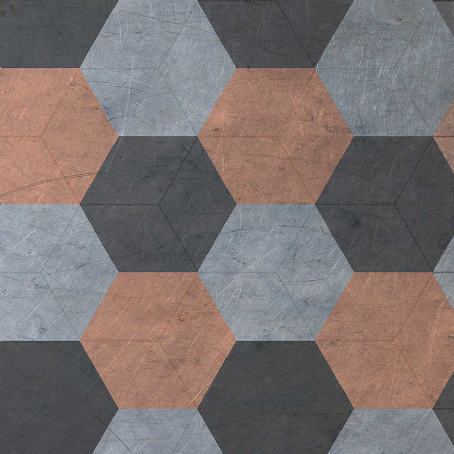Fototapete mit Hexagon Kacheln im Vintage Stil – Schwarz, Grau, Orange
