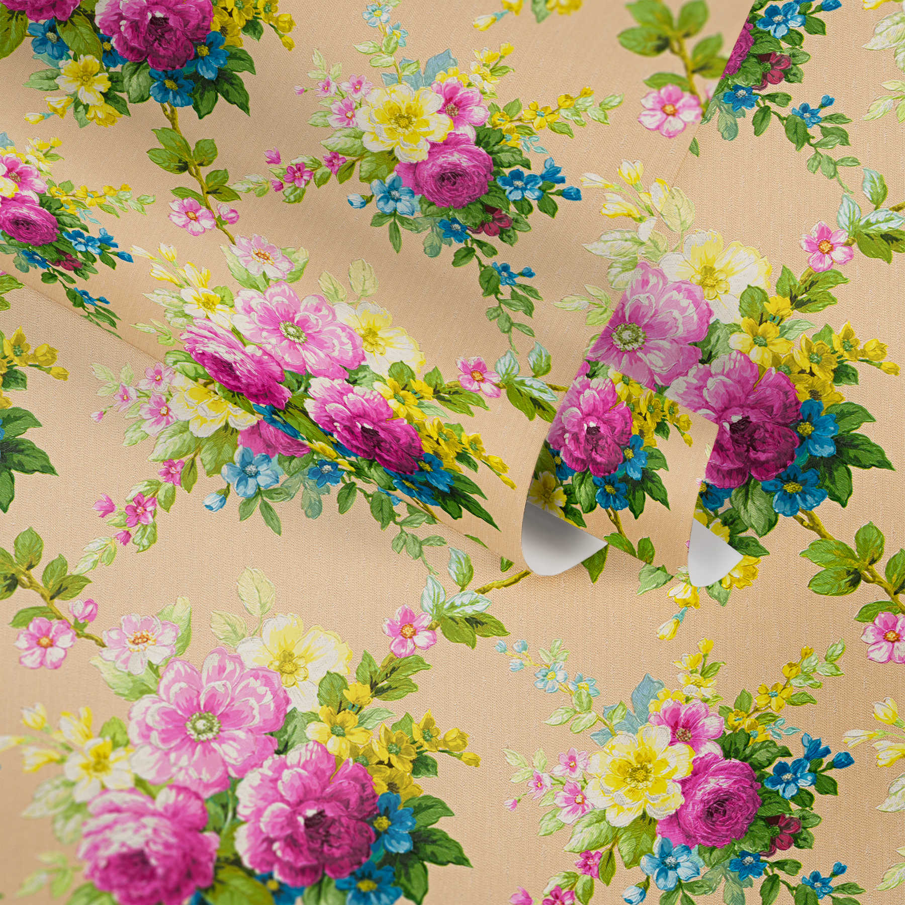             Tapete Blumen Dekor Blütenornament mit Metallic Effekt – Bunt
        