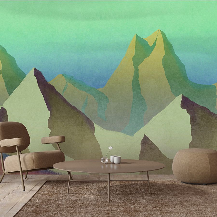 Fototapete »altitude 2« - Abstraktes Gebirge in grün mit Vintage Putzstruktur – Glattes, leicht perlmutt-schimmerndes Vlies
