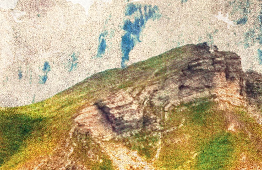             Dolomiti 1 - Fototapete Dolomiten Retro Fotografie - Löschpapier – Blau, Grün | Struktur Vlies
        