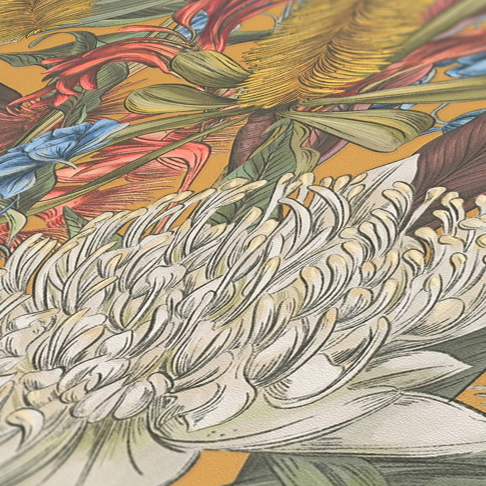             Dschungeltapete im floralen Stil mit Blättern & Blüten strukturiert matt – Bunt, Gelb, Grün
        