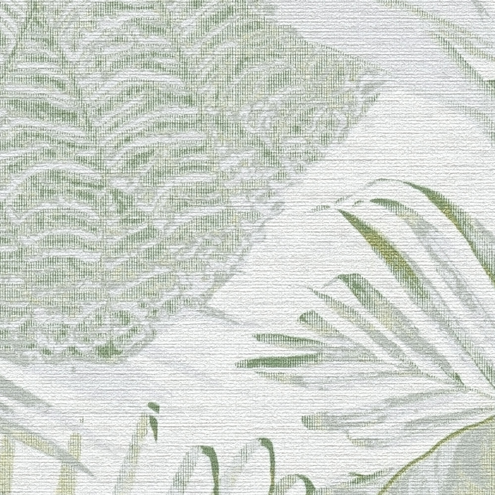             Tapete mit Blättern und Dschungelmuster leicht glänzend – Grün, Weiß, Grau
        