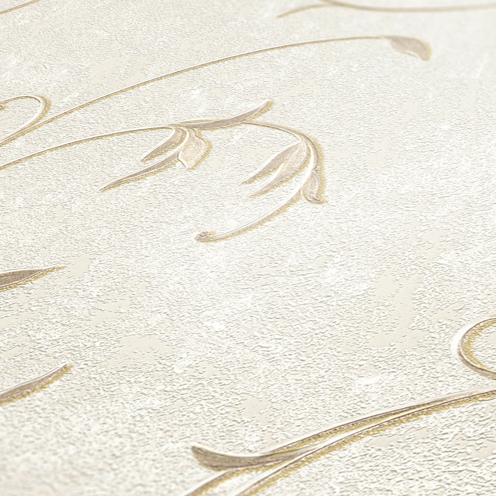             Vliestapete in Putzoptik mit goldenen Ranken-Muster – Beige, Crème, Gold
        