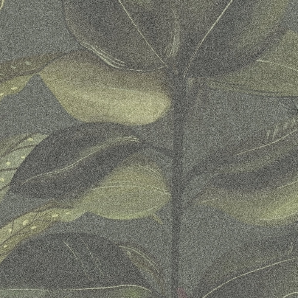             Florale Tapete modern mit Blättern & Gräsern strukturiert matt – Dunkelgrün, Bordeaux
        