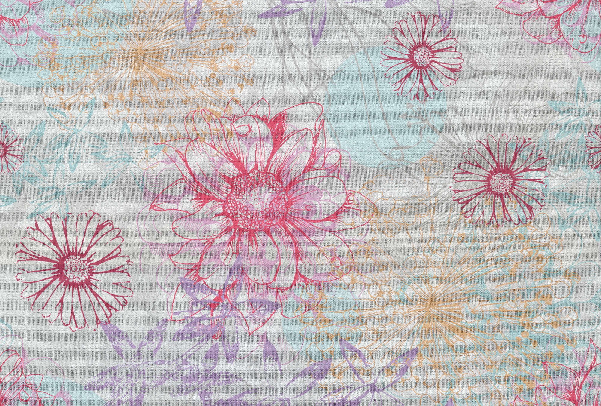             Bunte Fototapete mit Textil-Look & Blüten – Rosa, Blau, Weiß
        