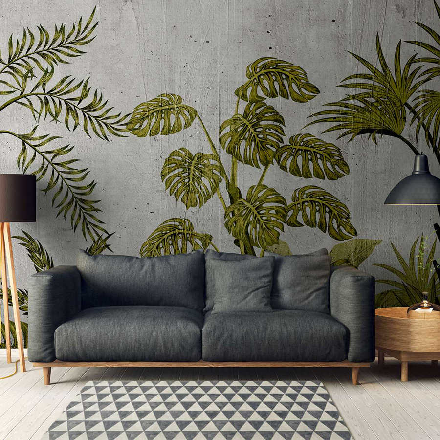 Fototapete mit Dschungelmotiv auf Beton Hintergrund – Grün, Grau
