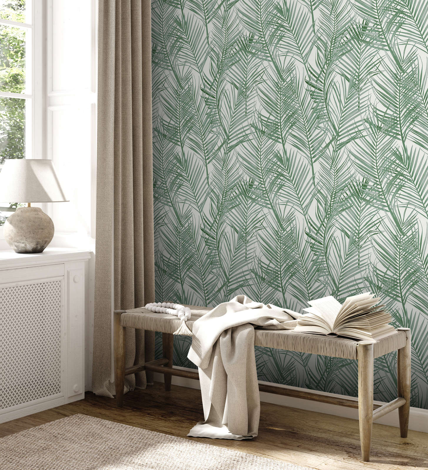            Vliestapete mit großflächigem Palmen Muster – Grün, Weiß
        