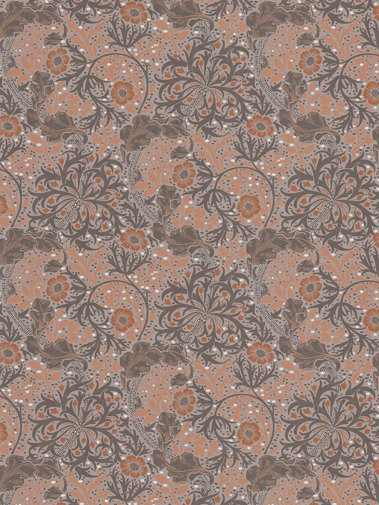 Tapete mit Blüten und Ranken floral & gepunktet – orange, Grau, Schwarz
