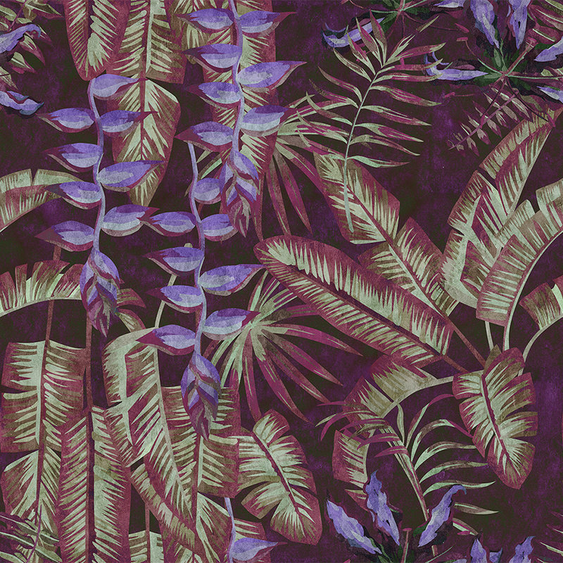 Tropicana 3 - Tropische Fototapete in Löschpapier Struktur mit Blättern & Farnen – Rot, Violett | Perlmutt Glattvlies
