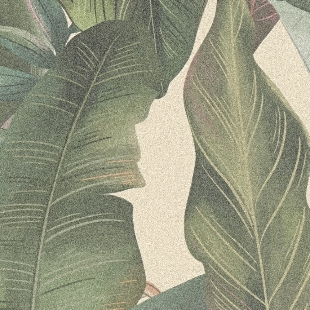             Dschungeltapete mit Palmenblättern & Blüten im floralen Stil strukturiert matt – Beige, Grün, Rosa
        