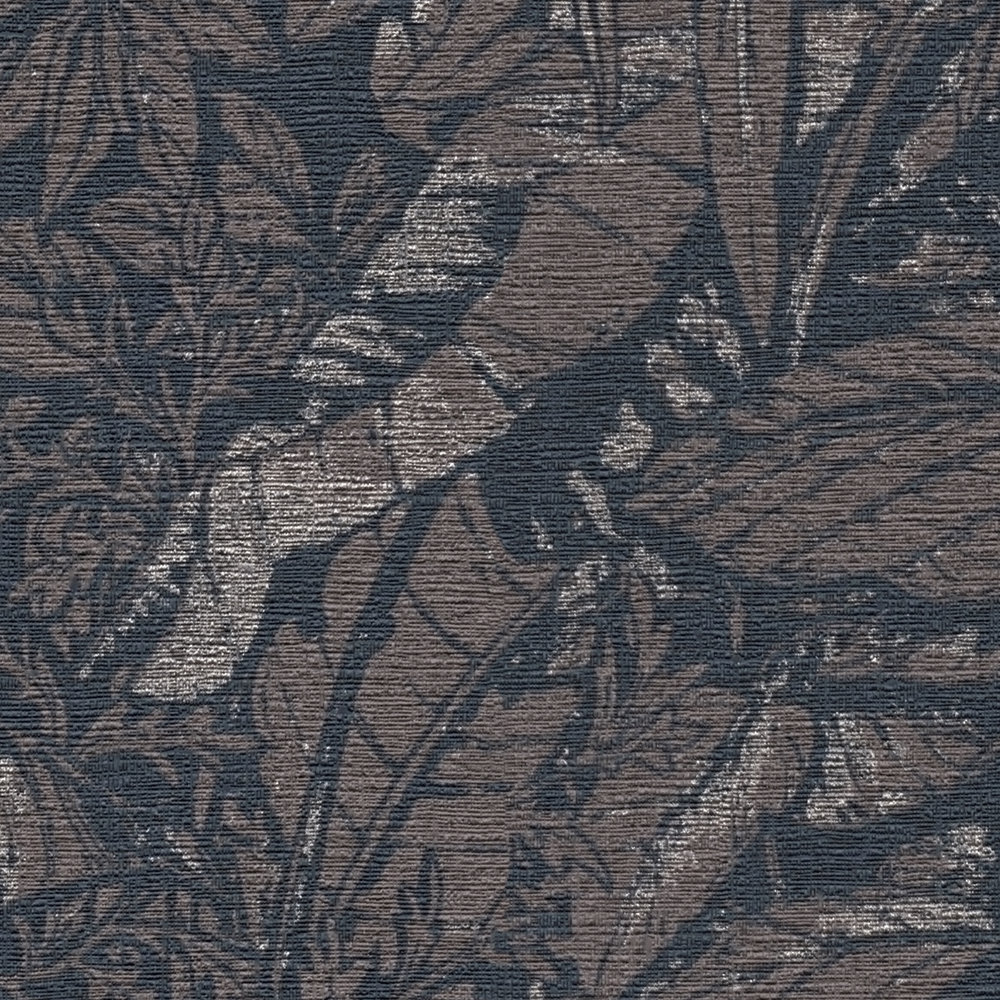             Dschungel Tapete leicht glänzend mit Blatt Muster – Braun, Schwarz, Silber
        