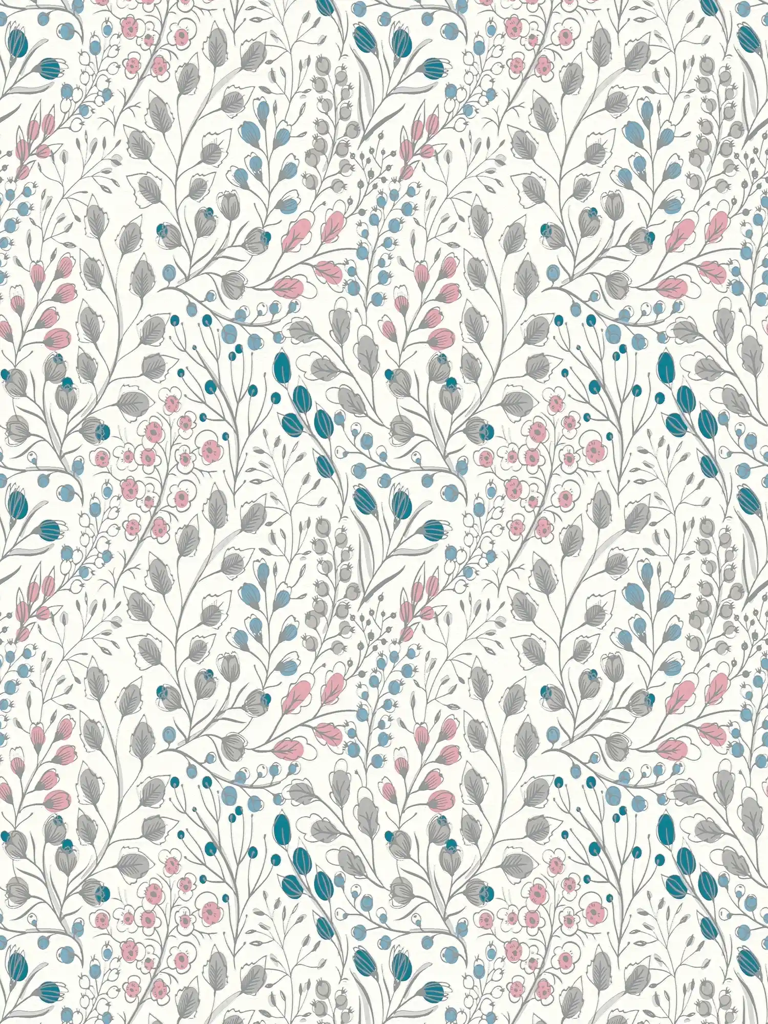 Vliestapete mit floralem Muster im Zeichenstil – Weiß, Rosa, Blau
