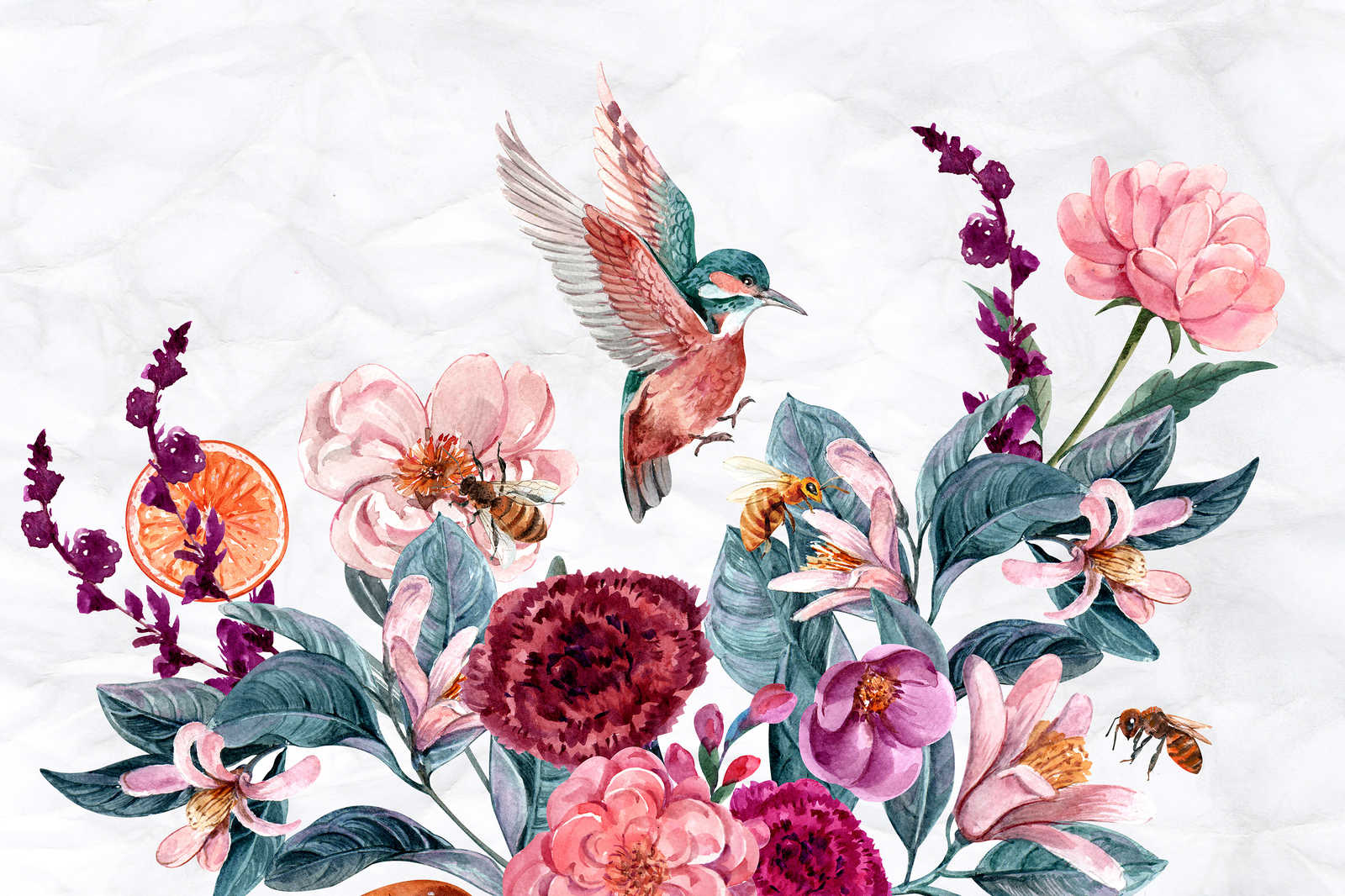             Leinwandbild Blumen & Vögel auf 3D Hintergrund – 0,90 m x 0,60 m
        