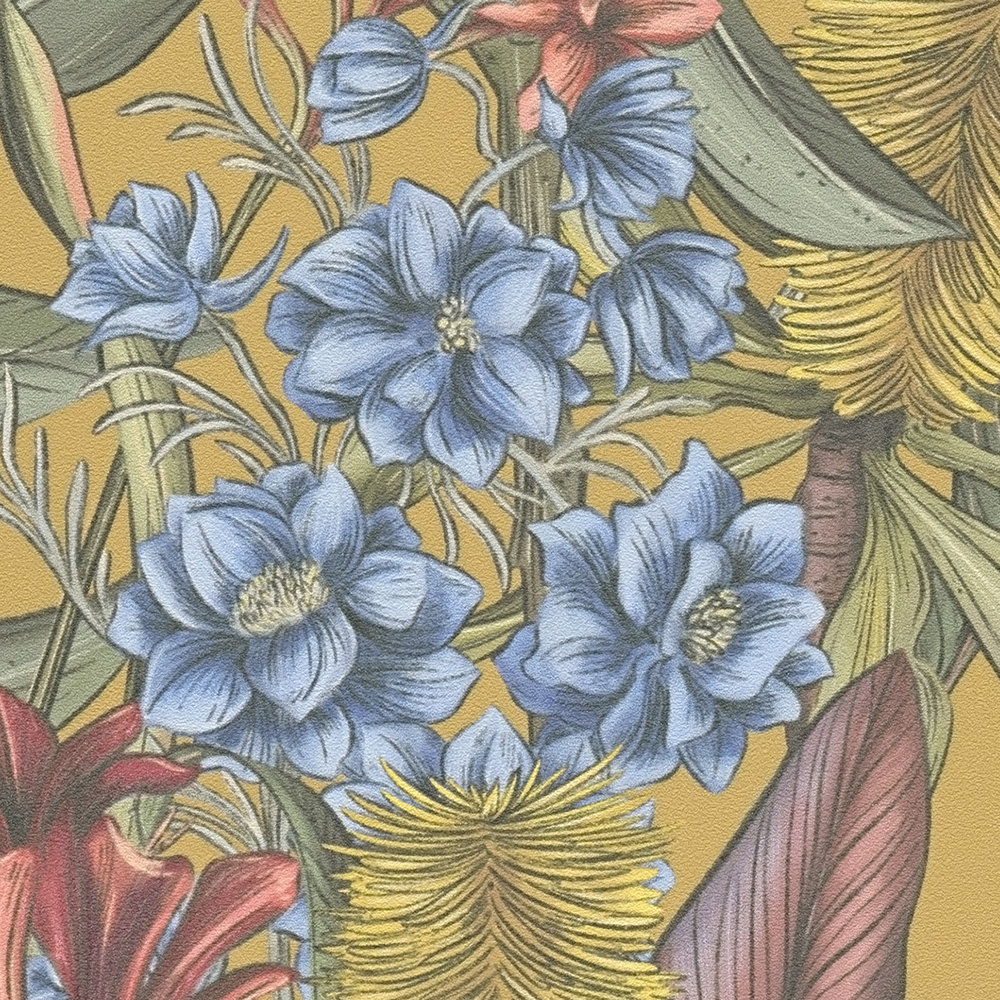             Dschungeltapete im floralen Stil mit Blättern & Blüten strukturiert matt – Bunt, Gelb, Grün
        