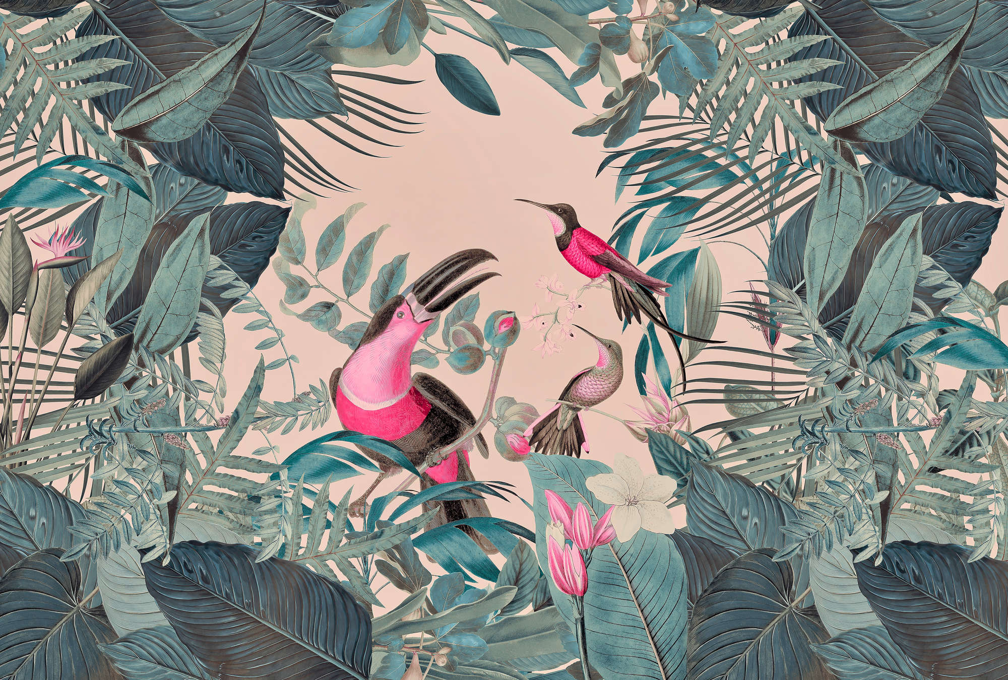             Tropische Dschungel Fototapete mit Vögeln – Grün, Pink
        