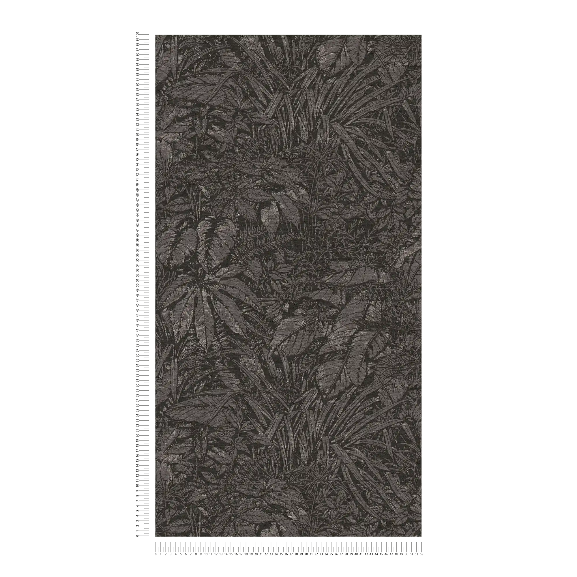             Florale Vliestapete mit Dschungelbemusterung – Schwarz, Grau, Silber
        