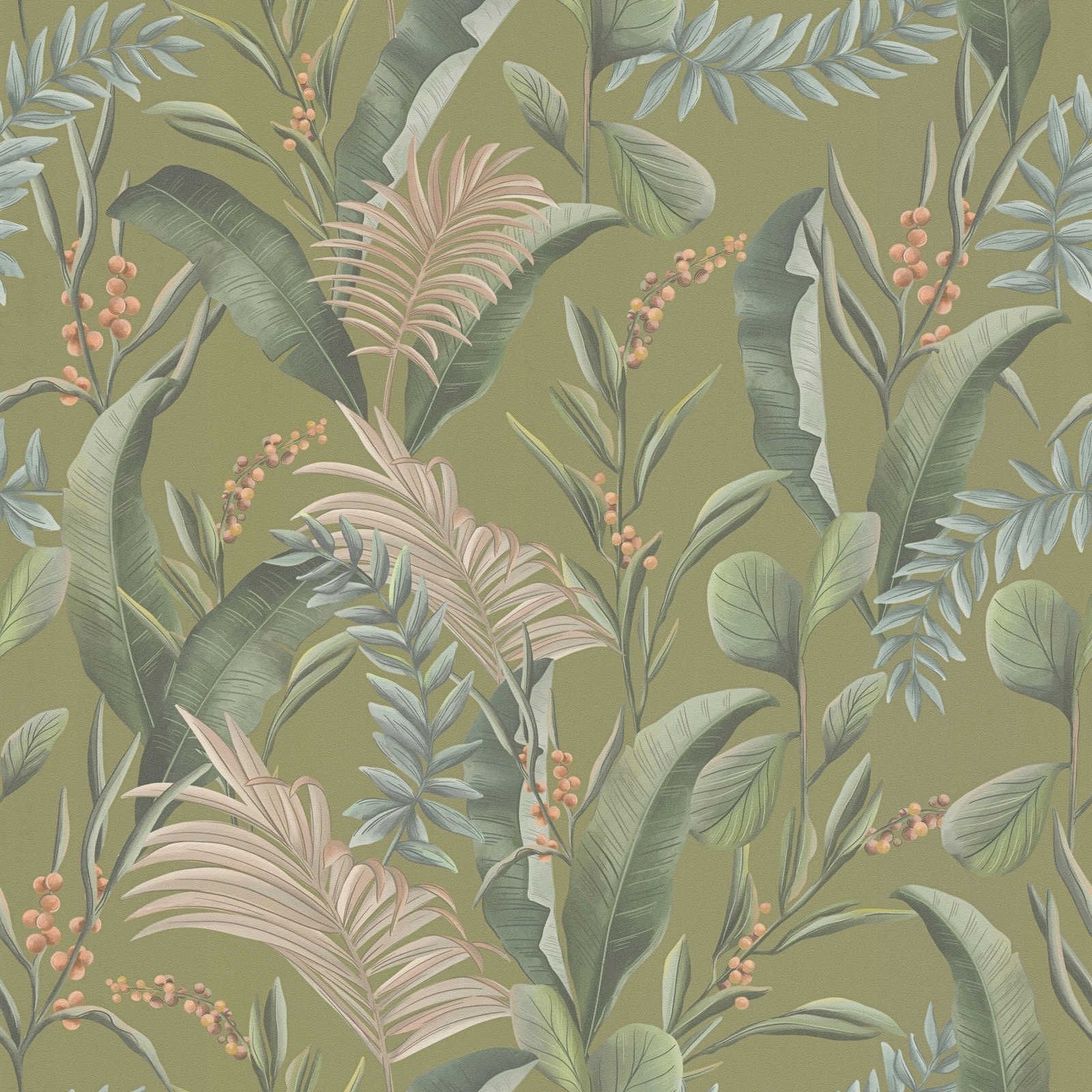 Dschungeltapete floral mit Blättern matt strukturiert – Grün, Beige, Orange
