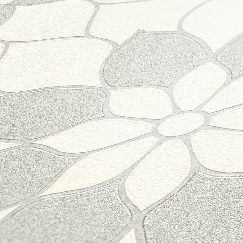             Grafisches Blütenmuster mit Glitzereffekt – Weiß
        
