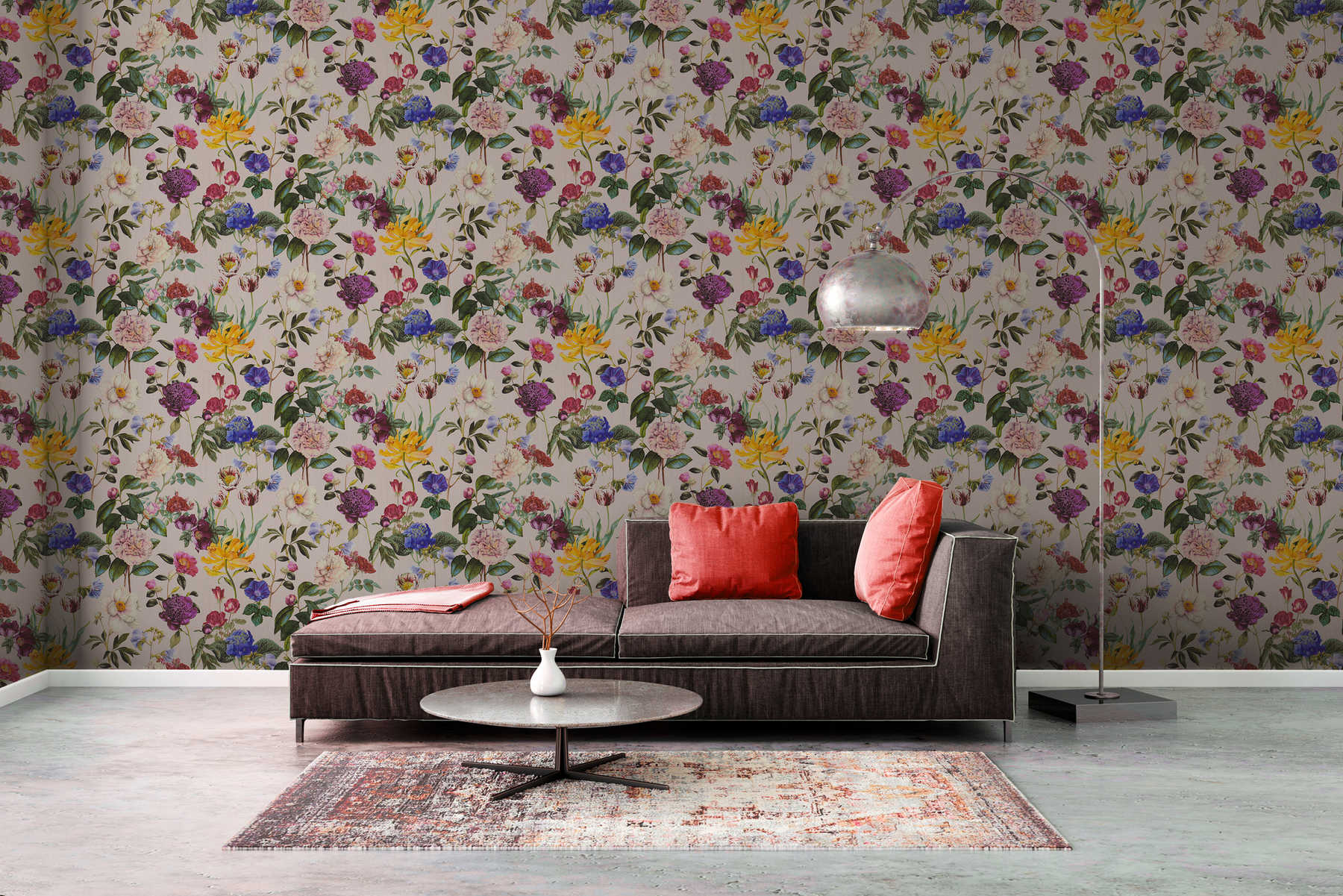             Blüten-Tapete mit Blumen in leuchtenden Farben – Bunt, Grün, Rosa
        