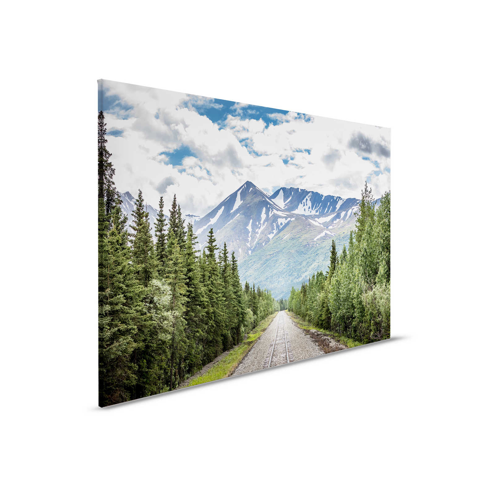Leinwandbild mit Zuggleisen durch einen Wald am Gebirge – 0,90 m x 0,60 m
