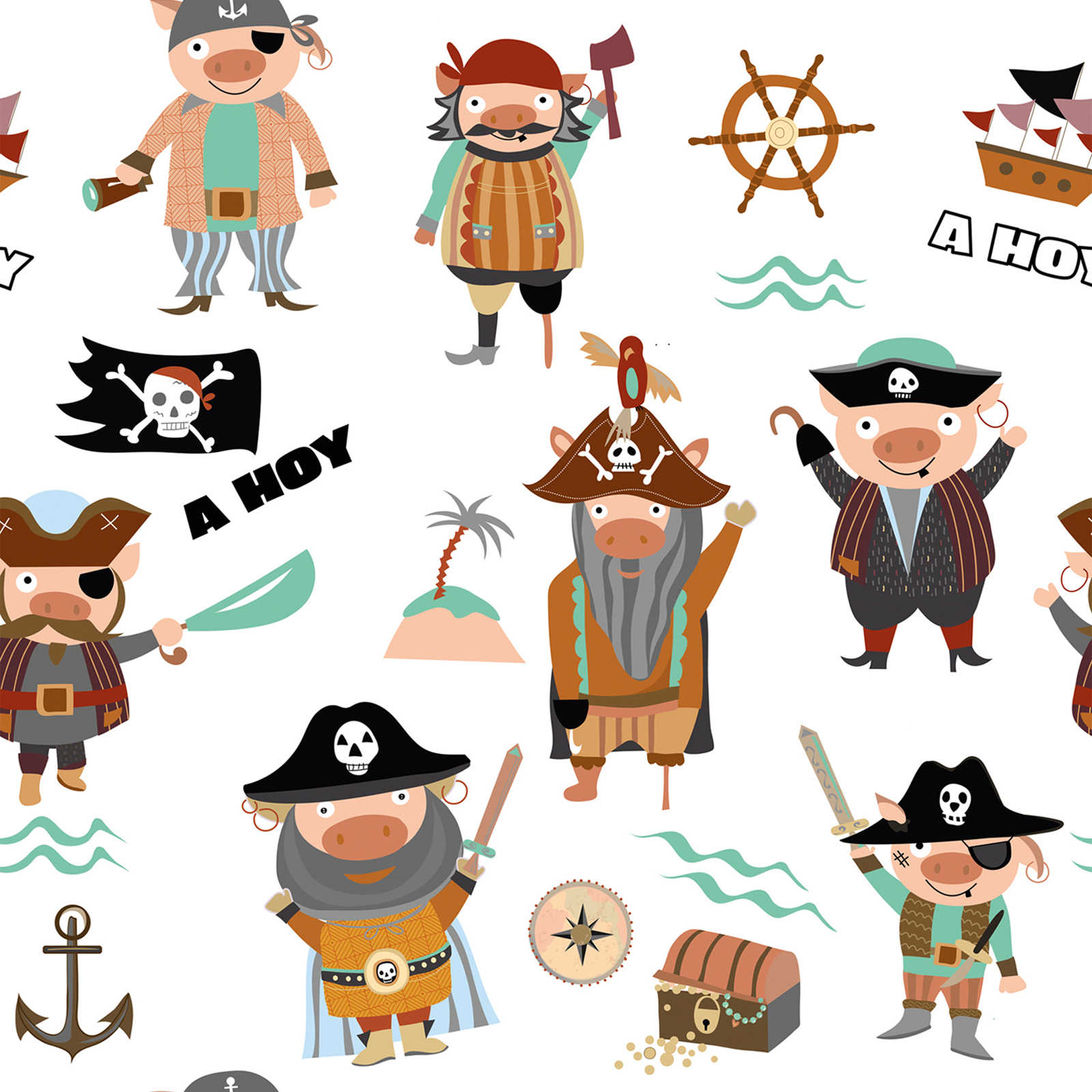 Kinder Tapete mit verschiedenen Piraten und Symbolen – Bunt, Creme, Braun
