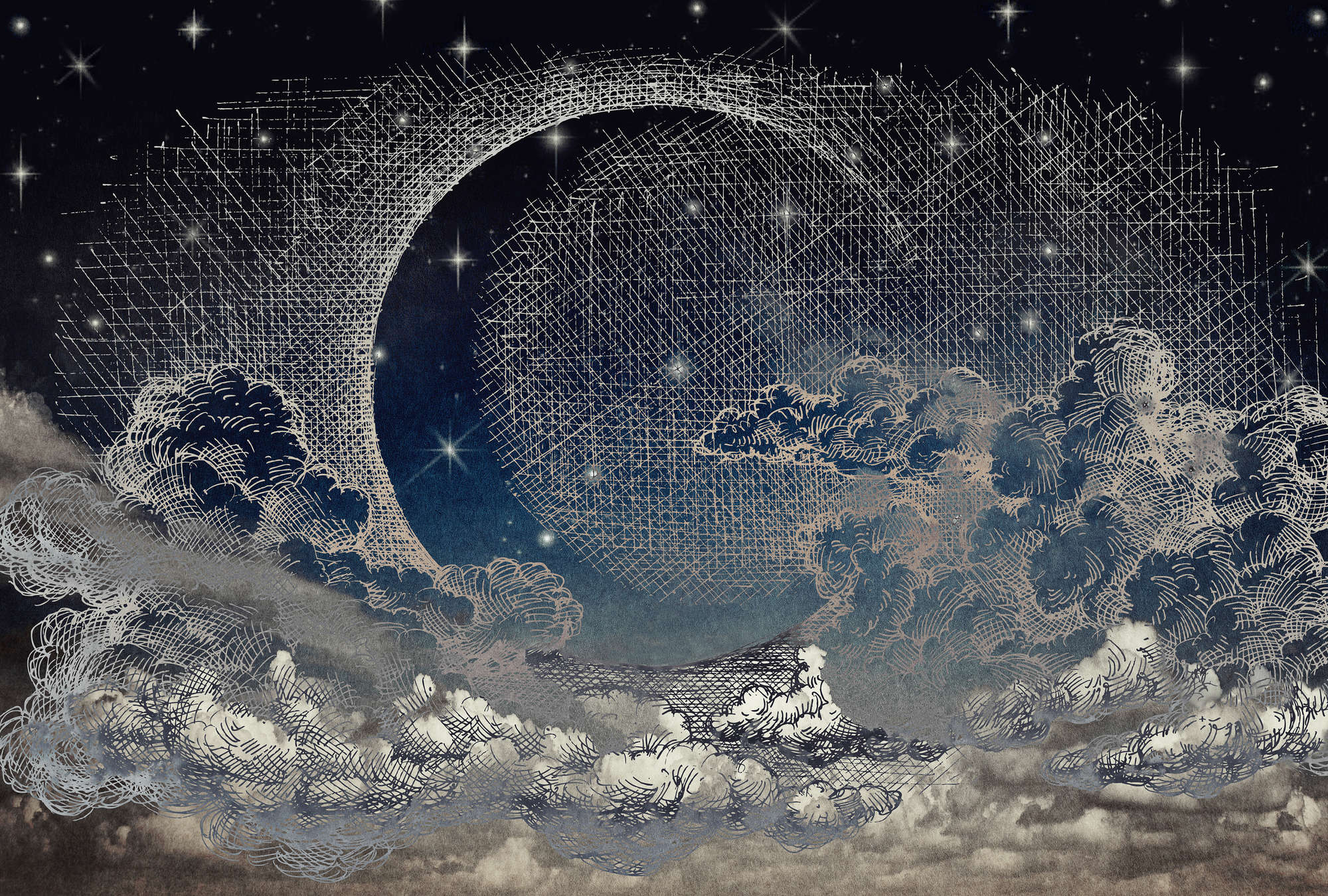             Fototapete Nacht, Sichelmond & Wolken im Comic-Stil – Beige, Weiß, Blau
        