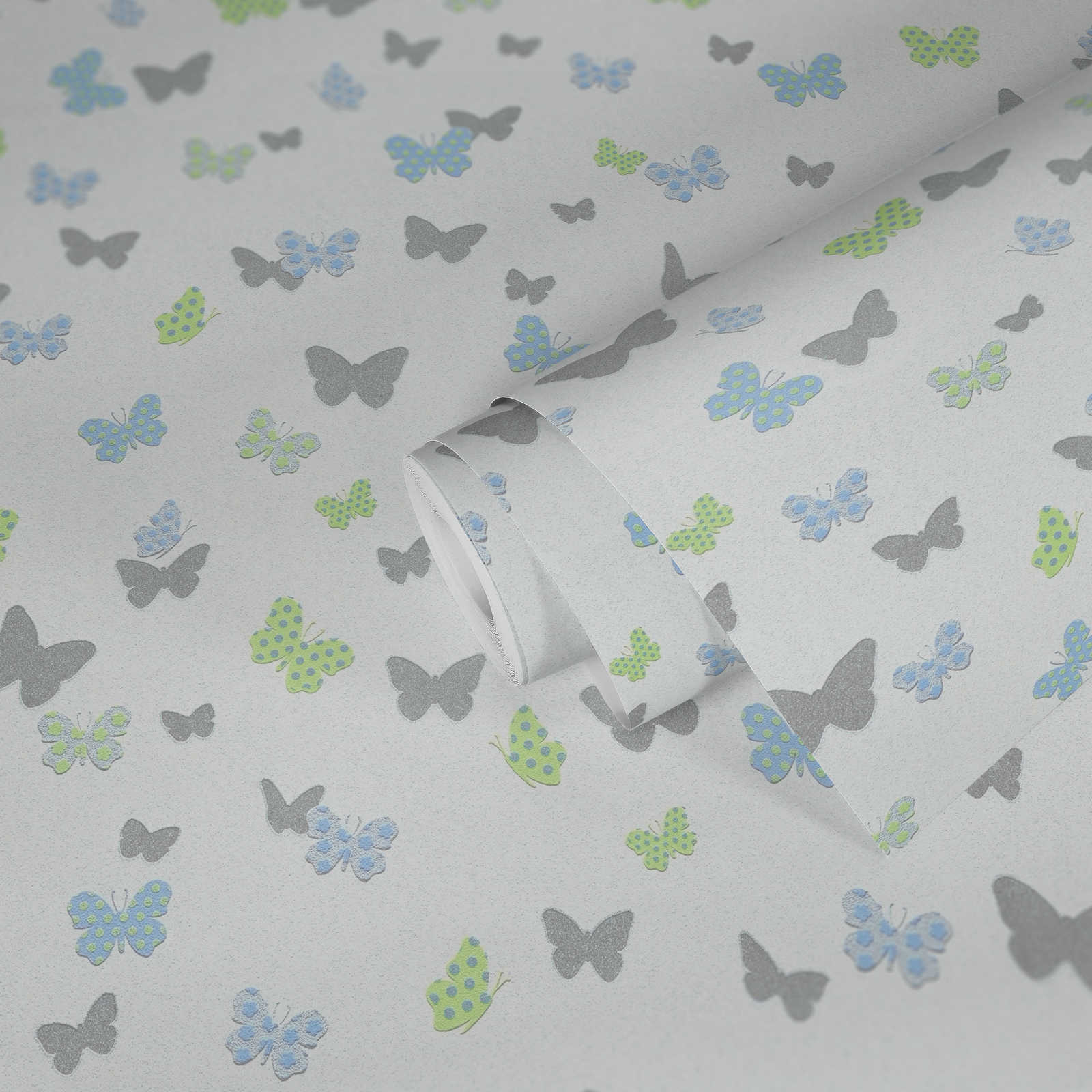             Schmetterling Tapete Kinderzimmer für Jungen – Weiß, Blau, Grau
        