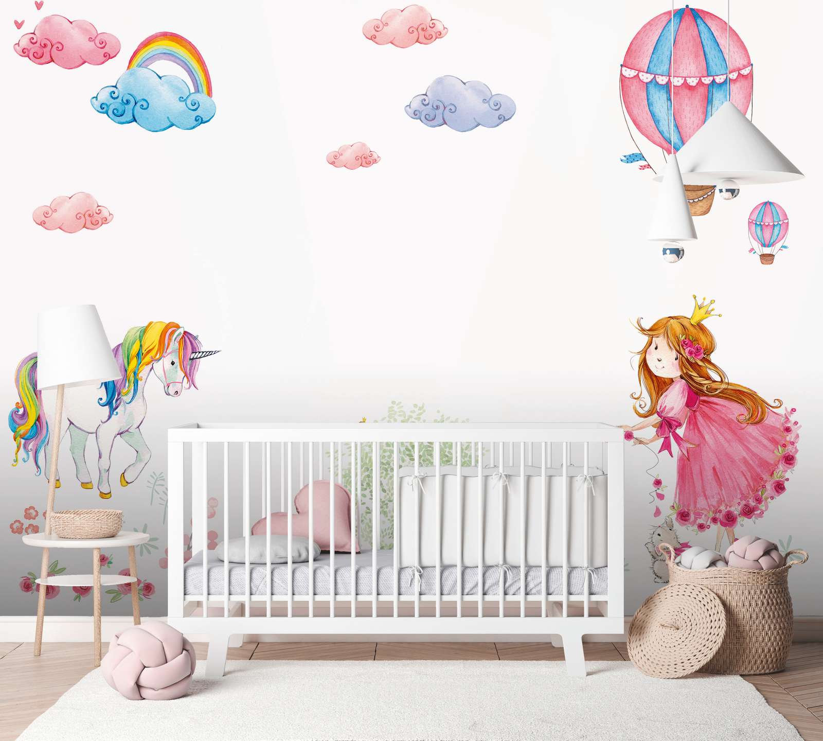             Fototapete Kinderzimmer mit Prinzessin und Einhorn – Pink, Bunt, Weiß
        