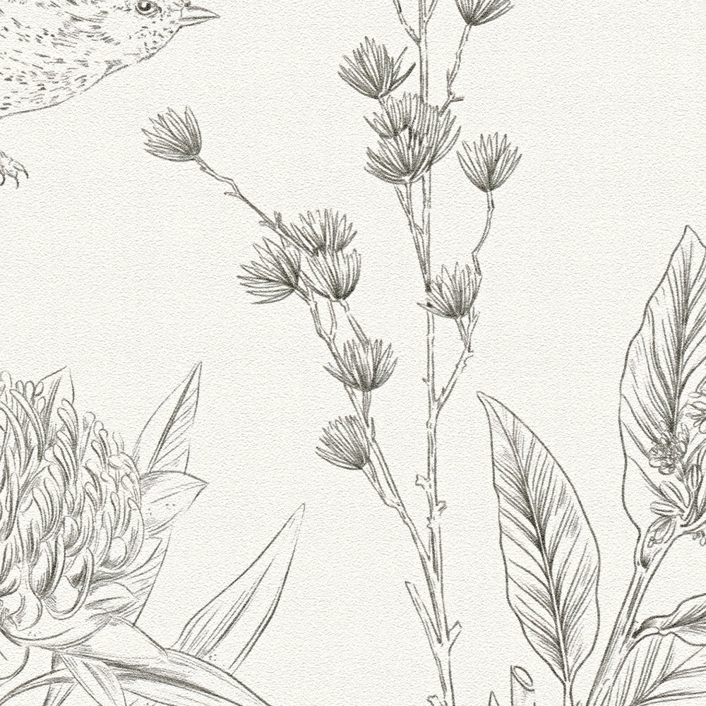             Tapete floral mit Blumen & Tieren strukturiert matt – Weiß, Schwarz
        