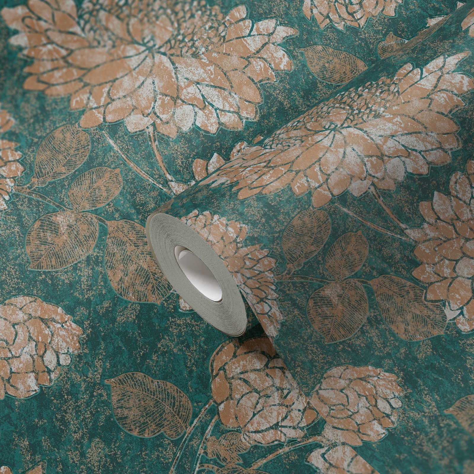             Florale Tapete mit Blumenmuster leicht glänzend – Grün, Gold
        