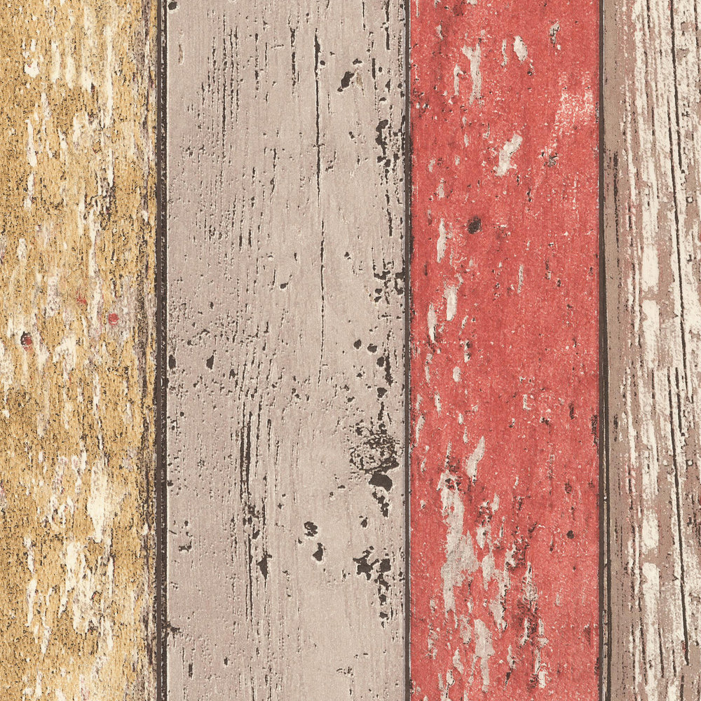             Holztapete mit Used Optik für Vintage & Landhausstil – Braun, Rot, Beige
        