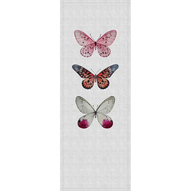 Buzz panels 1 - Fotopaneel mit bunten Schmetterlinge in naturleinen Struktur – Grau, Rosa | Mattes Glattvlies
