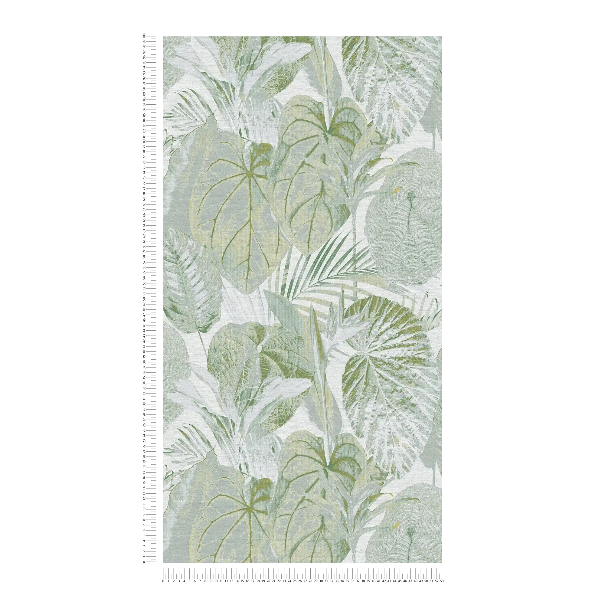            Tapete mit Blättern und Dschungelmuster leicht glänzend – Grün, Weiß, Grau
        