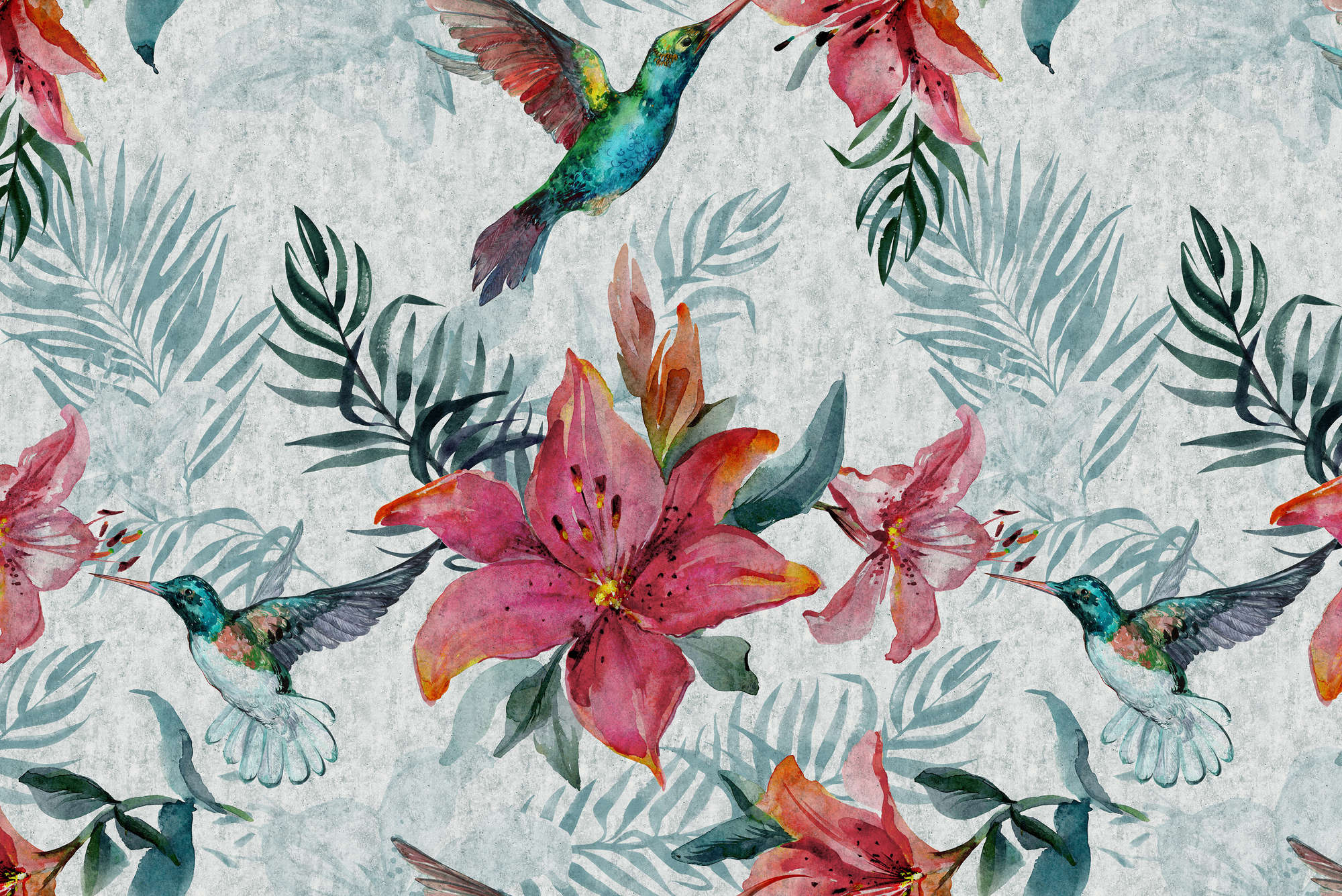             Grafik Fototapete Dschungel Blumen mit Vögeln auf Premium Glattvlies
        