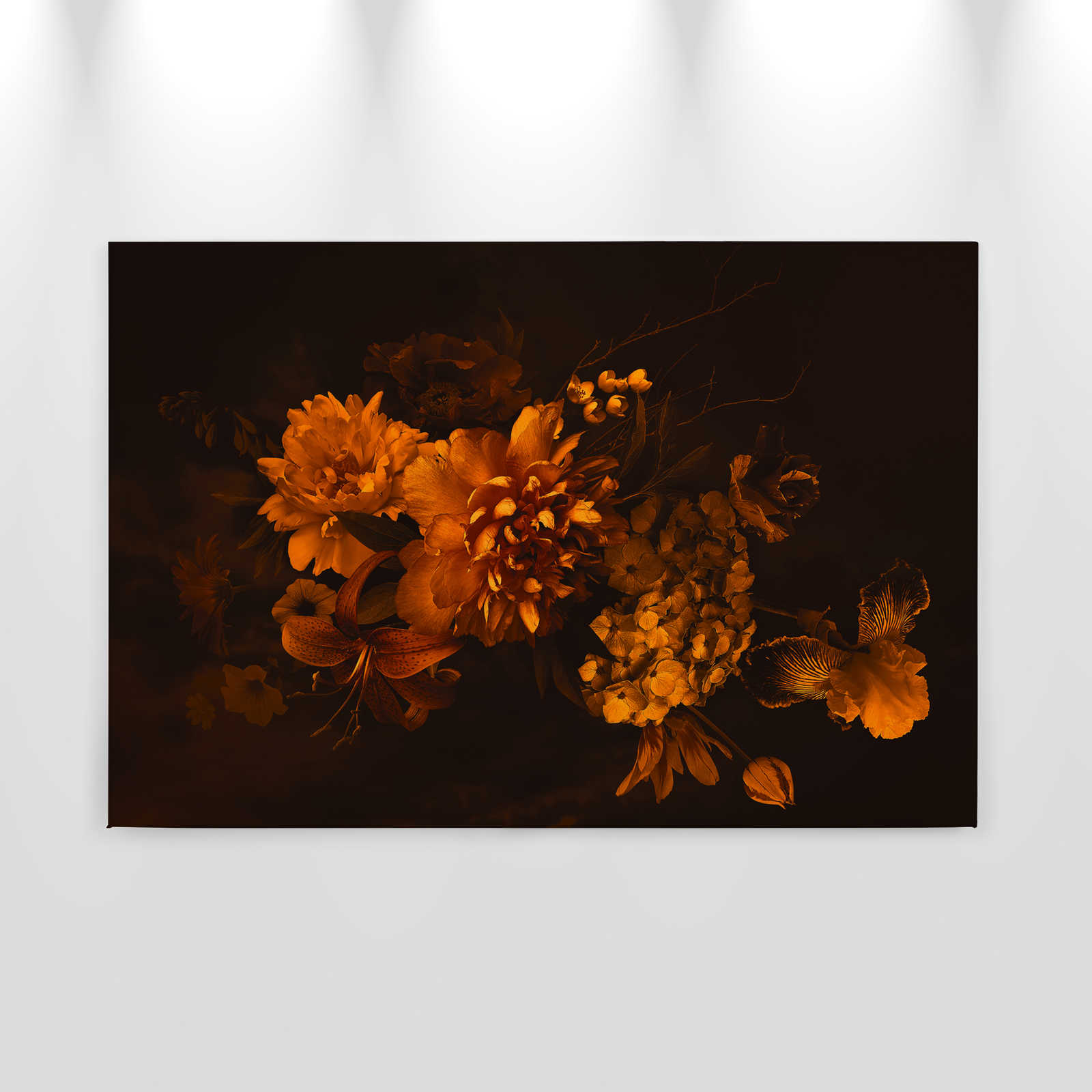             Leinwand mit Botanical-Style Blumenstrauß | orange schwarz – 0,90 m x 0,60 m
        