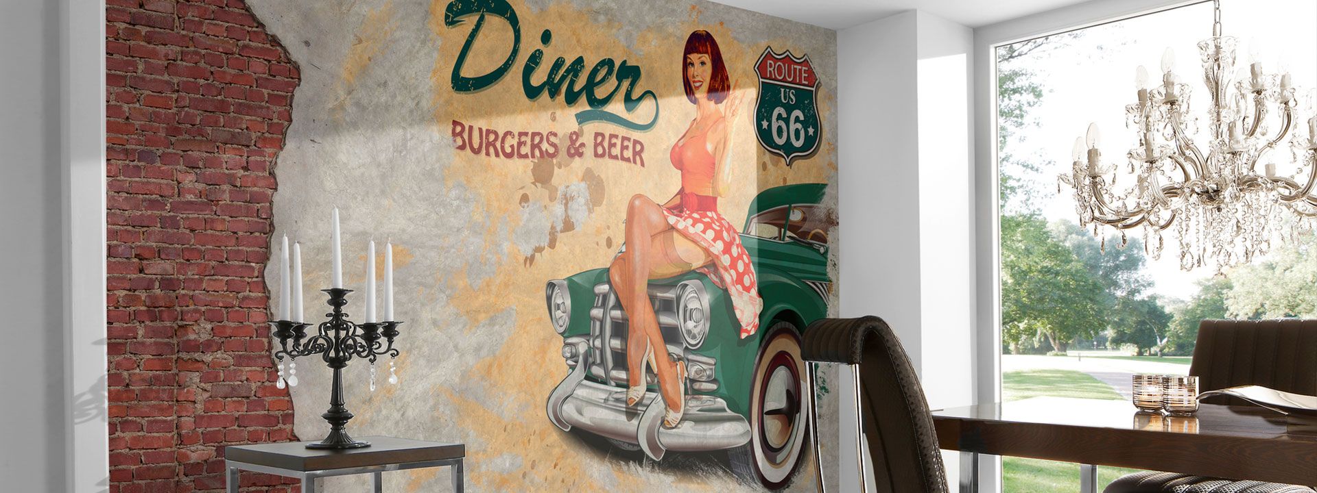 Fototapete American Diner - Pin up Girl auf Oldtimer