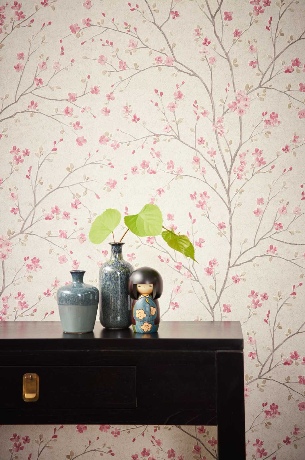             Vliestapete mit Kirschblüten Design im Asian Style – Braun, Rosa, Weiß
        