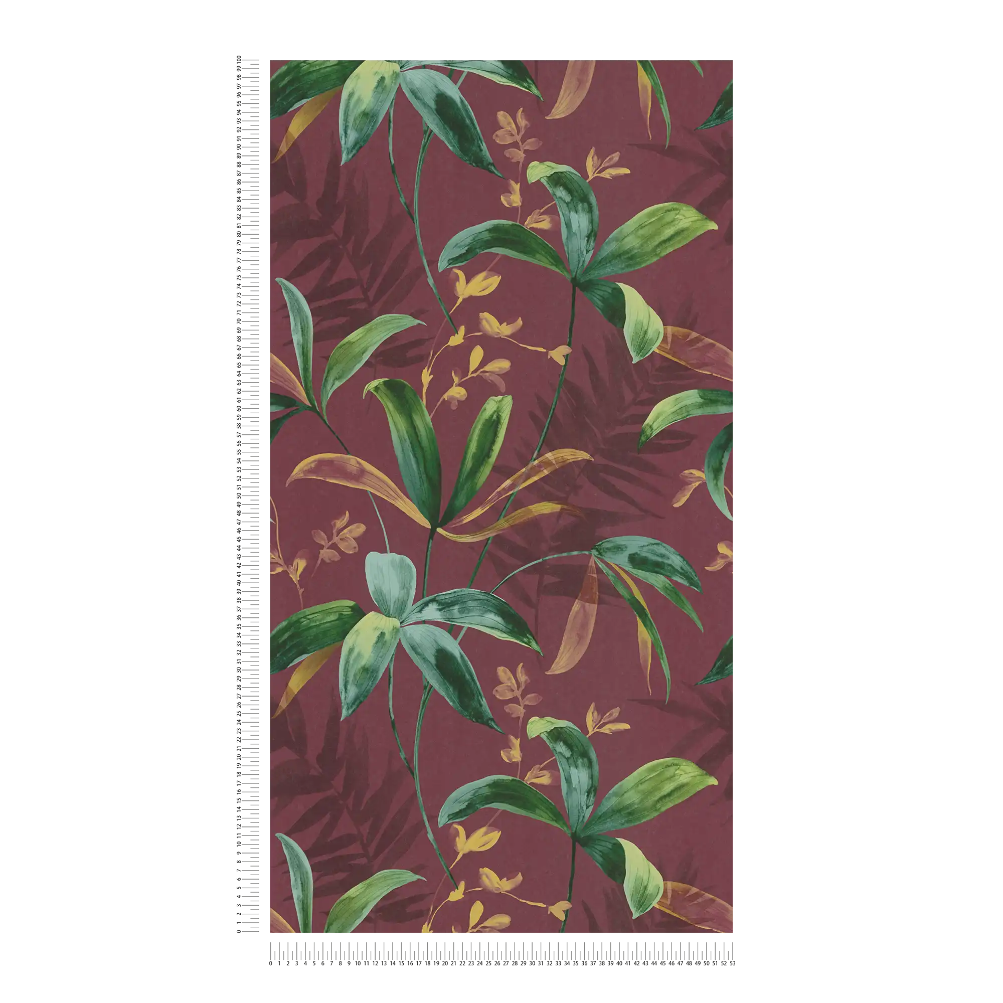             Dunkelrote Tapete mit Grünen Blättern im Aquarell Stil – Rot, Grün, Gelb
        