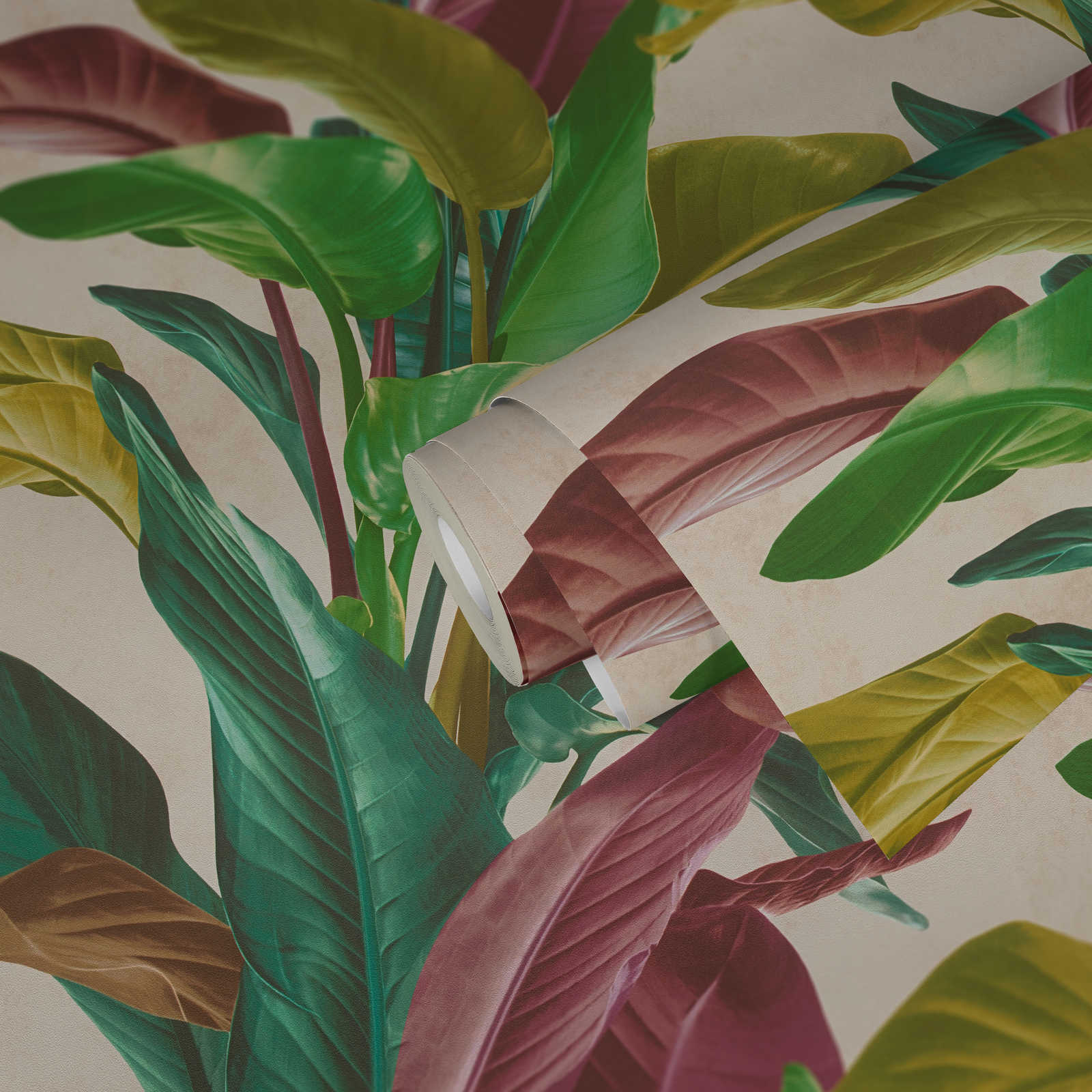             Tapete mit Blätter-Design in leuchtenden Farben – Bunt, Creme, Grün
        