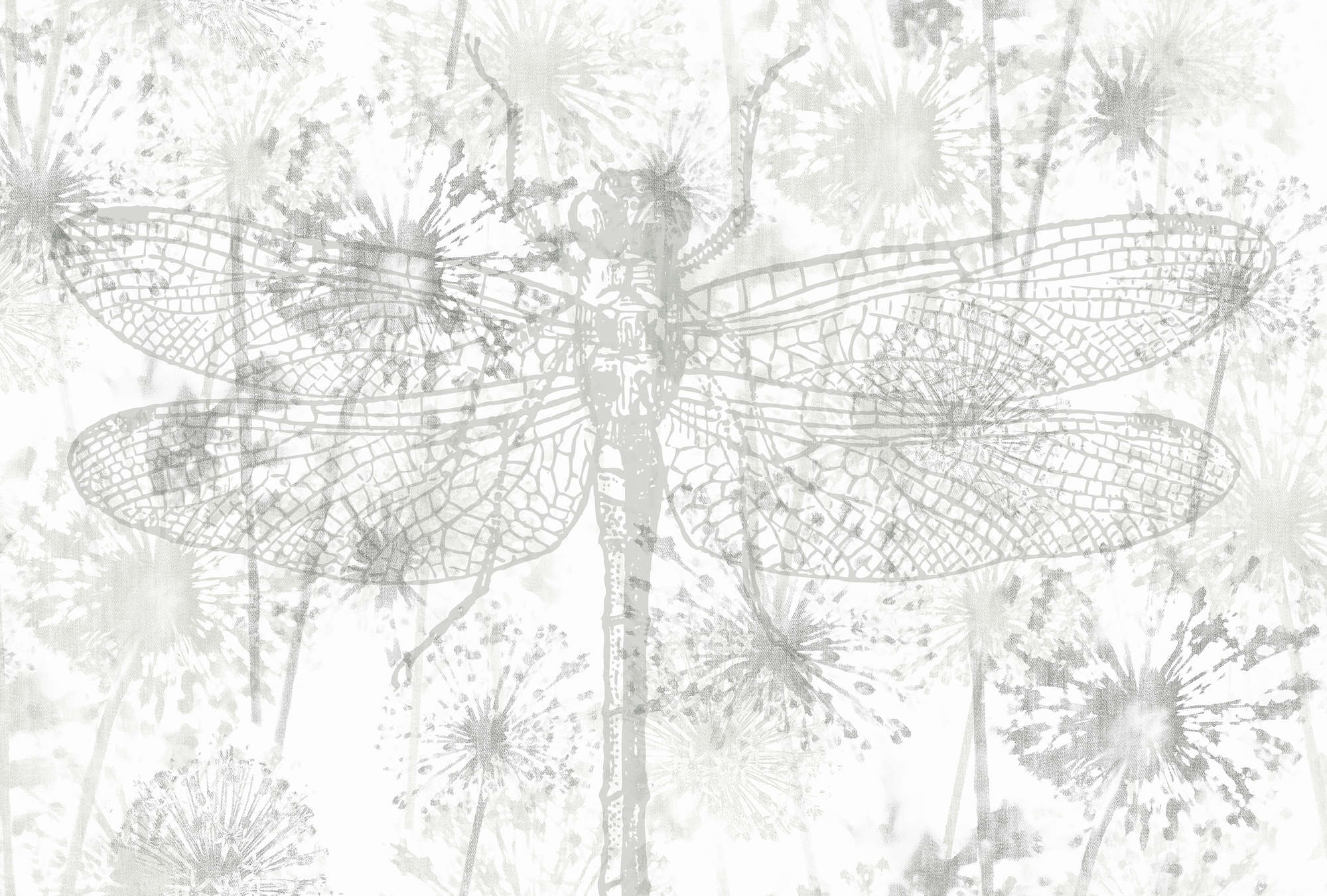            Fototapete Blüten & Libellen mit natürlichem Muster – Grau, Weiß
        