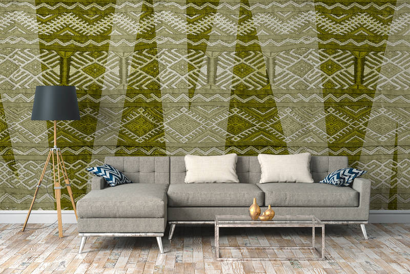             Textil Fototapete mit buntem Ethno-Muster – Grün, Weiß
        