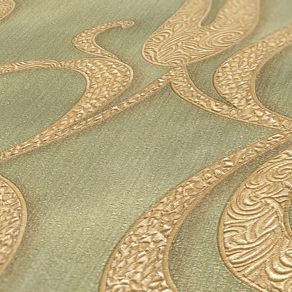             Ornament Tapete filigranes Design – Grün, Metallic
        