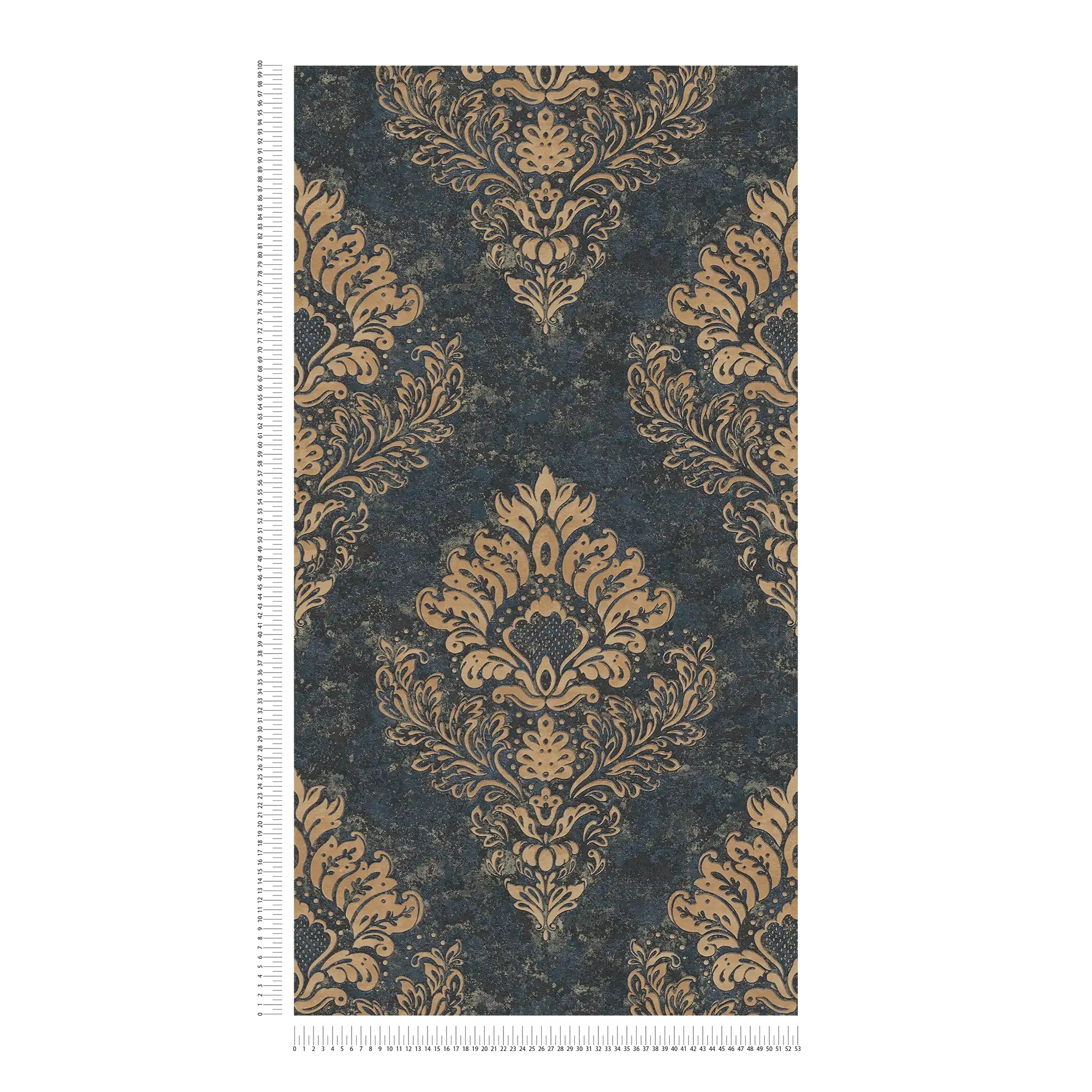             Ornamenttapete mit floralem Stil & Gold-Effekt – Beige, Blau, Braun
        