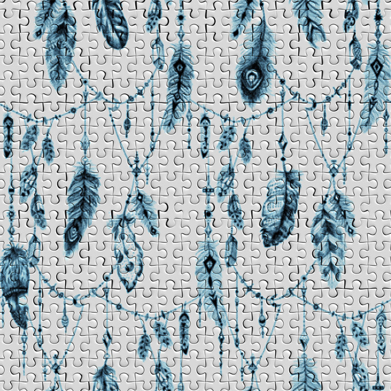 Puzzle-Fototapete mit Feder-Motiv im Boho-Stil – Blau, Grau, Weiß
