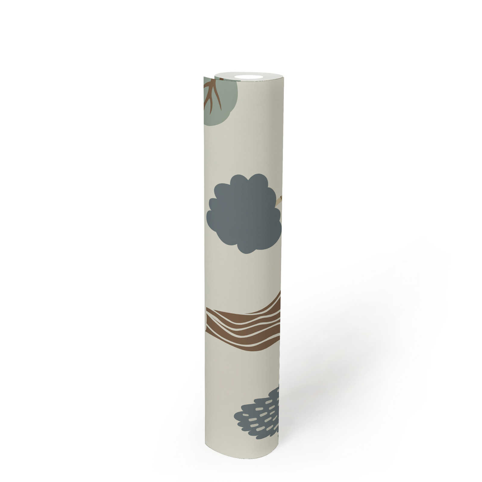             Vliestapete mit minimalen Wald-Motiv mit Bäumen – Creme, Grün, Braun
        